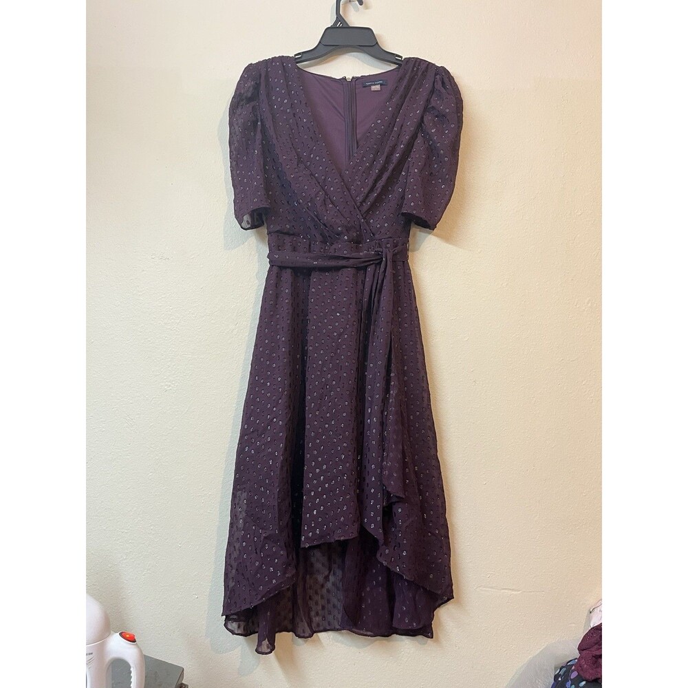 Tommy Hilfiger Women’s 4 Purple Glitter-Dot Ruffle Sleeve Midi Dress Elegant